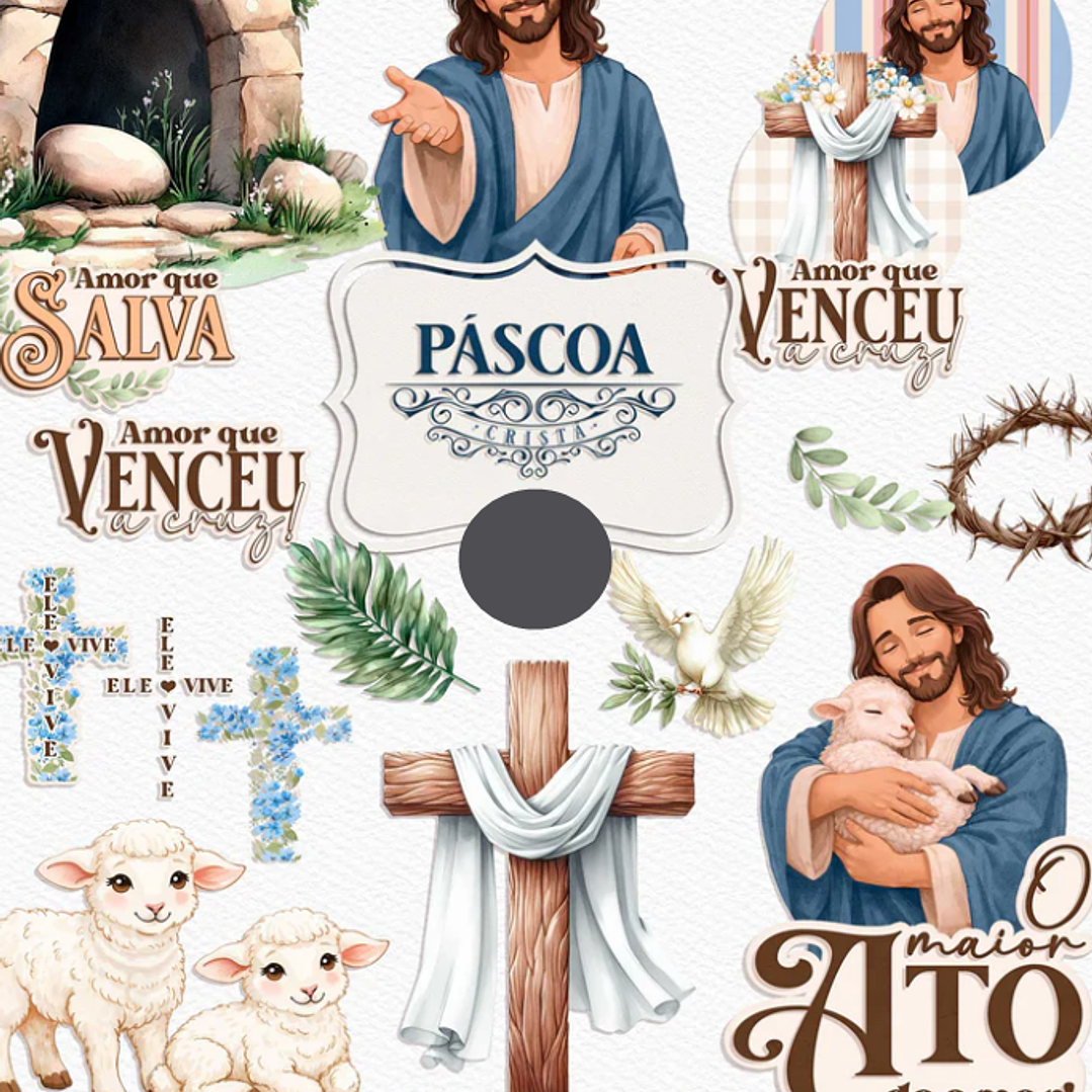 Kit Digital Mega combo Páscoa Cristã e Coelhinhos e Printables Aquarelado Arquivos em Png 1