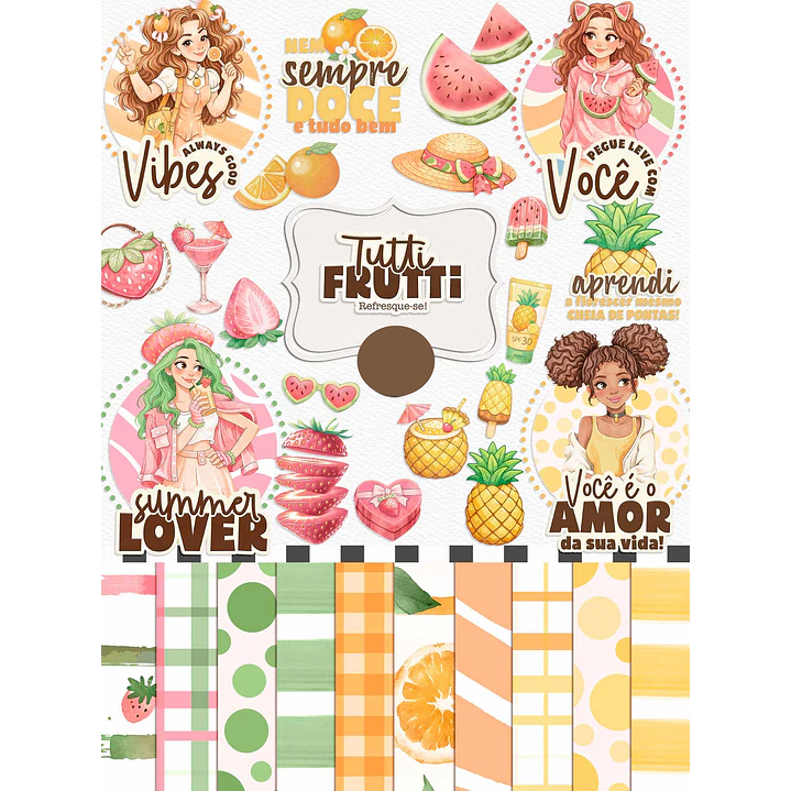 Kit Digital Mulheres Tutti Fruti Meninas Frutinhas Aquarelado Arquivos em Png 1