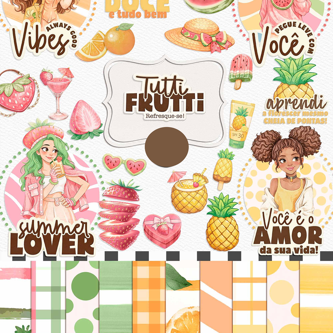 Kit Digital Mulheres Tutti Fruti Meninas Frutinhas Aquarelado Arquivos em Png 1