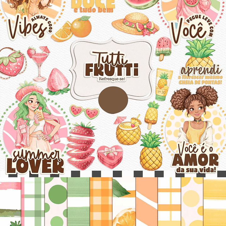 Kit Digital Mulheres Tutti Fruti Meninas Frutinhas Aquarelado Arquivos em Png 1
