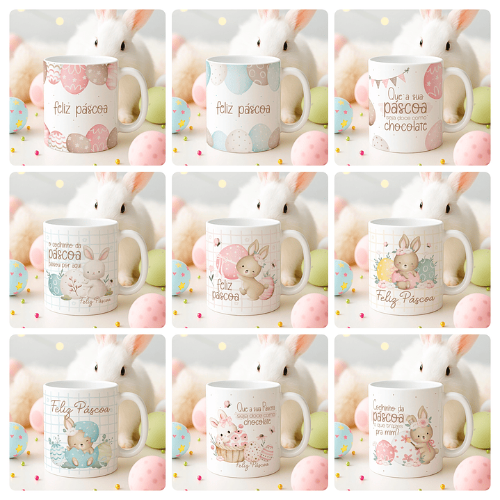 15 Artes para Canecas Páscoa Delicada Coelhos Arquivo Editável  11