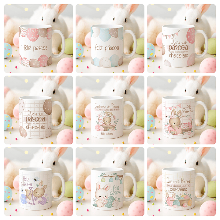 15 Artes para Canecas Páscoa Delicada Coelhos Arquivo Editável  12
