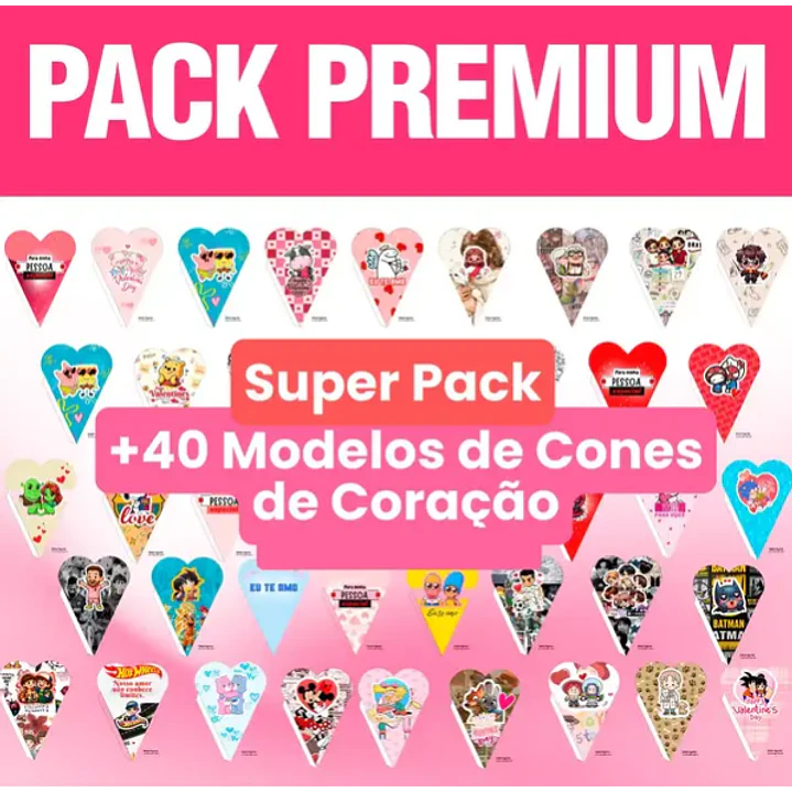 Pack Premium + 50 Moldes de Cones de Coração Páscoa Namorados Dia das Mulhers Arquivo em Pdf  1