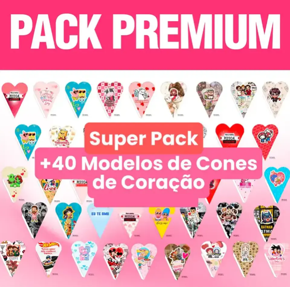 Pack Premium + 50 Moldes de Cones de Coração Páscoa Namorados Dia das Mulhers Arquivo em Pdf  1
