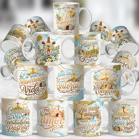 18 Artes para Caneca Páscoa Cristã Arquivo Editável 