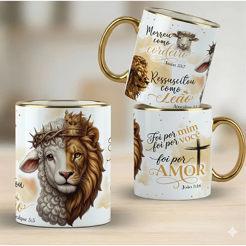 3 Artes para Caneca Verdadeira Páscoa Leão e Ovelha Arquivo editável
