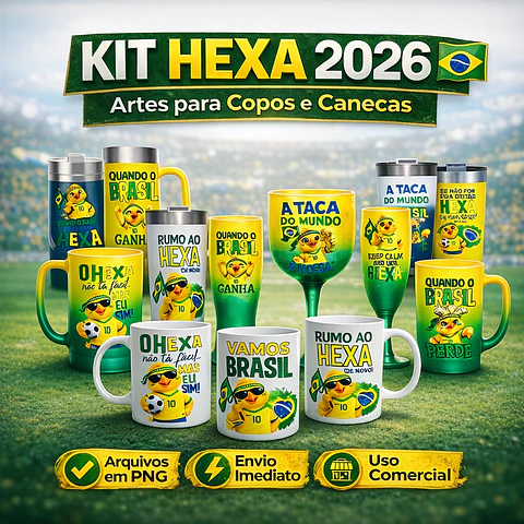 Kit Digital Copa do Mundo 2026 Brasil PNG para Sublimação em Canecas (Tema Hexa)
