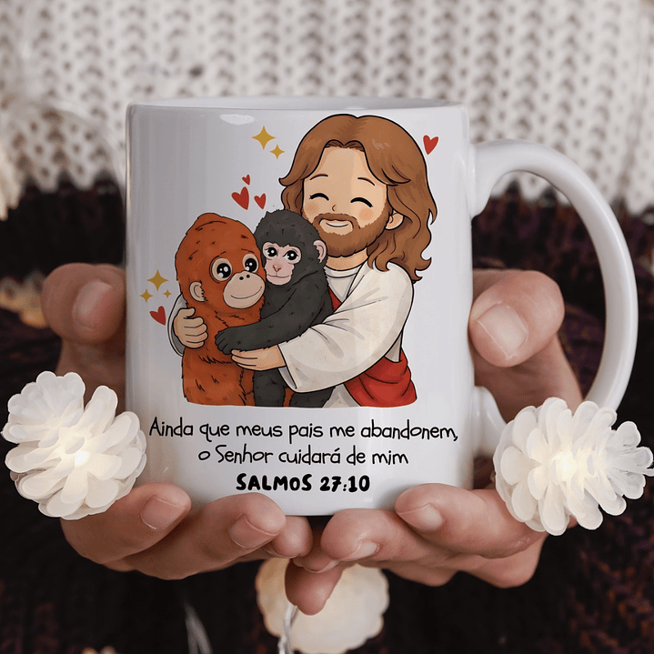 Arte para Caneca Macaco Punch (Ainda que meus pais me abandonem, o Senhor cuidará de mim - Salmos 2710 em Png 1