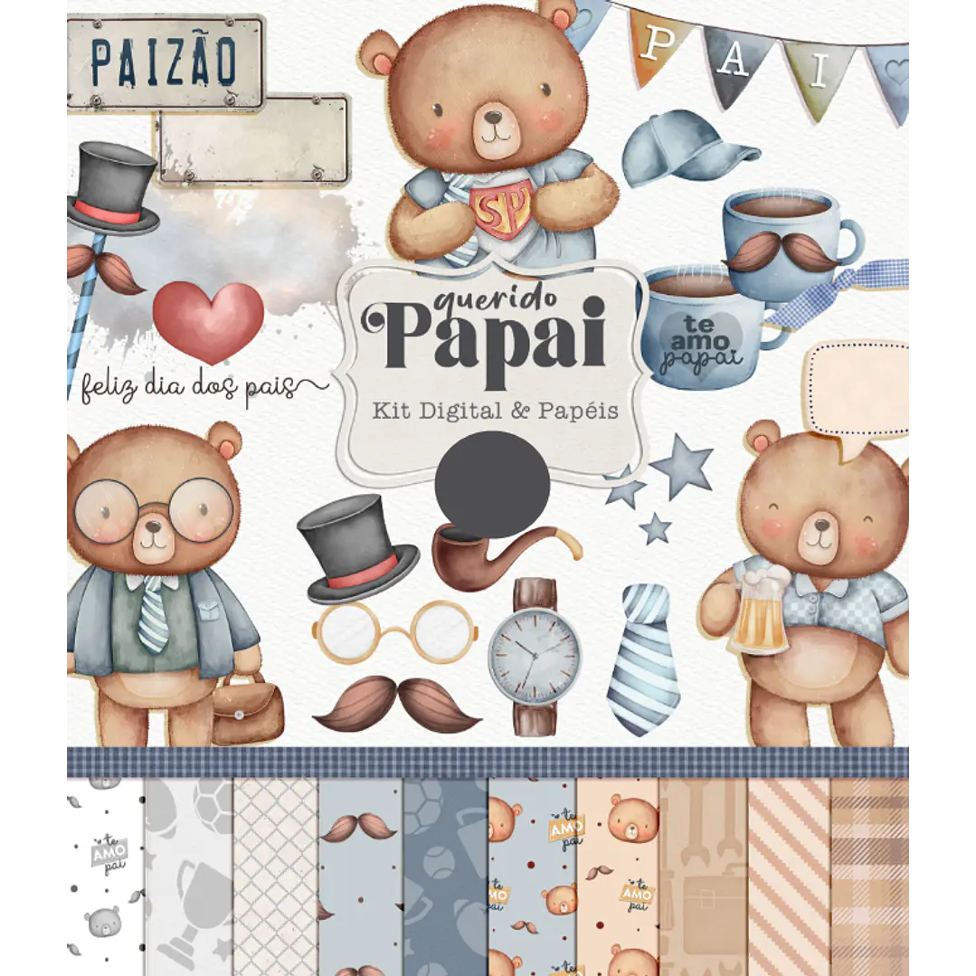 Kit Digital Querido Papai - Combo Ilustrações e Papéis em Png 1