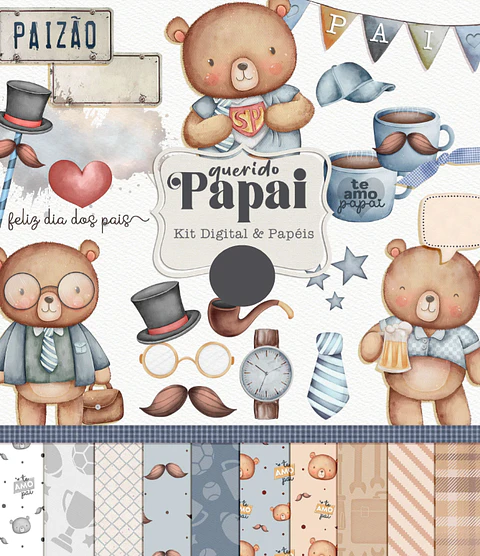 Kit Digital Querido Papai - Combo Ilustrações e Papéis em Png