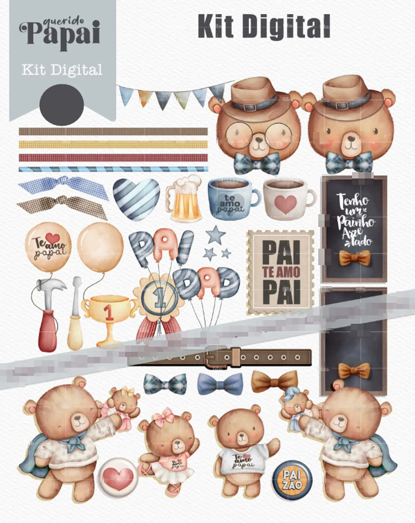 Kit Digital Querido Papai - Combo Ilustrações e Papéis em Png 2