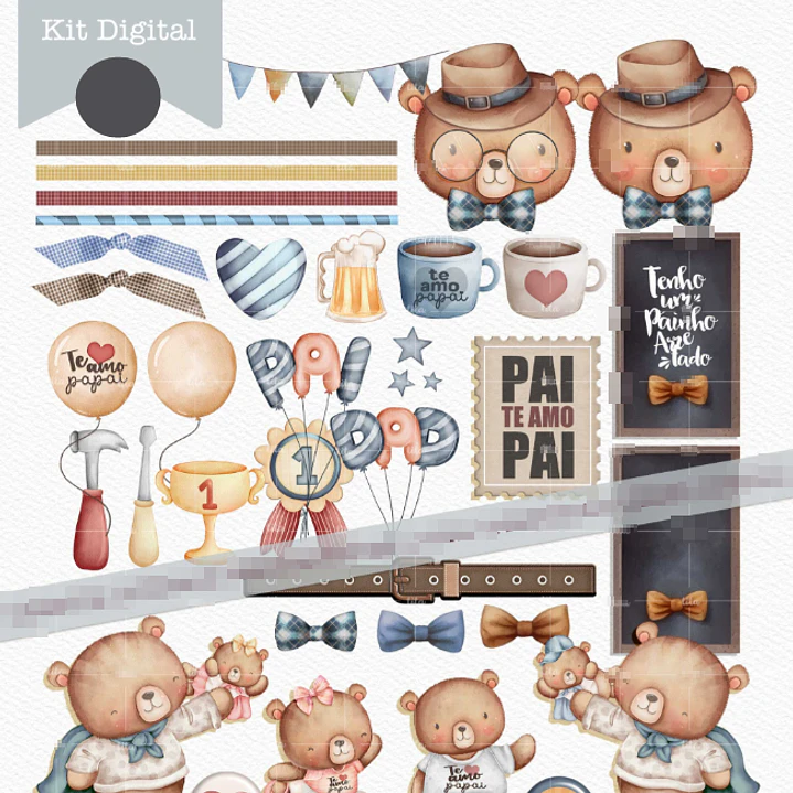 Kit Digital Querido Papai - Combo Ilustrações e Papéis em Png 2
