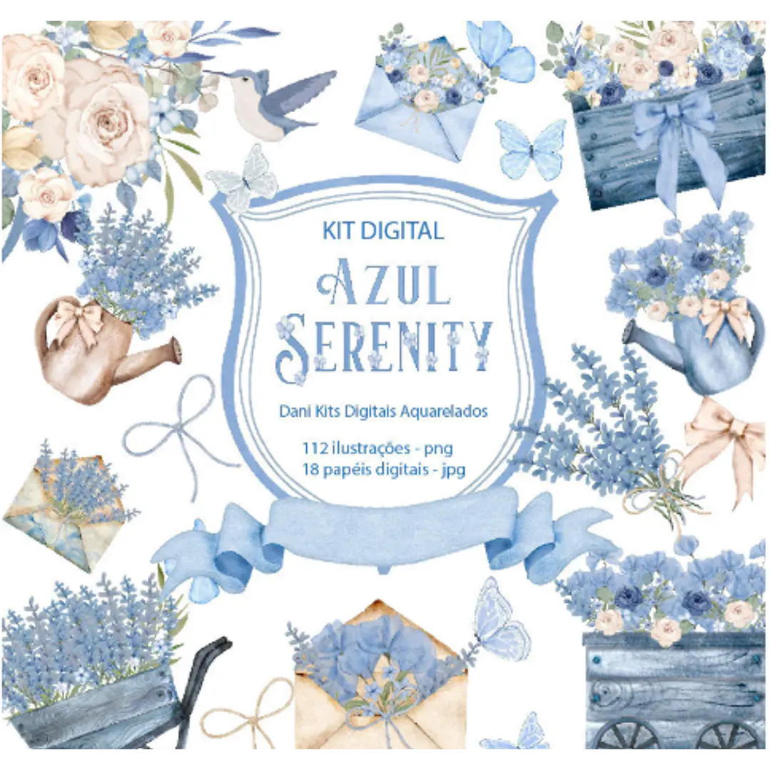 Kit Digital Azul Setenity  Aquarelado em Png 1