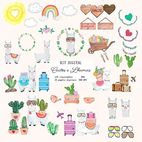 Kit Digital Cactos e Lhamas Aquarelado em Png