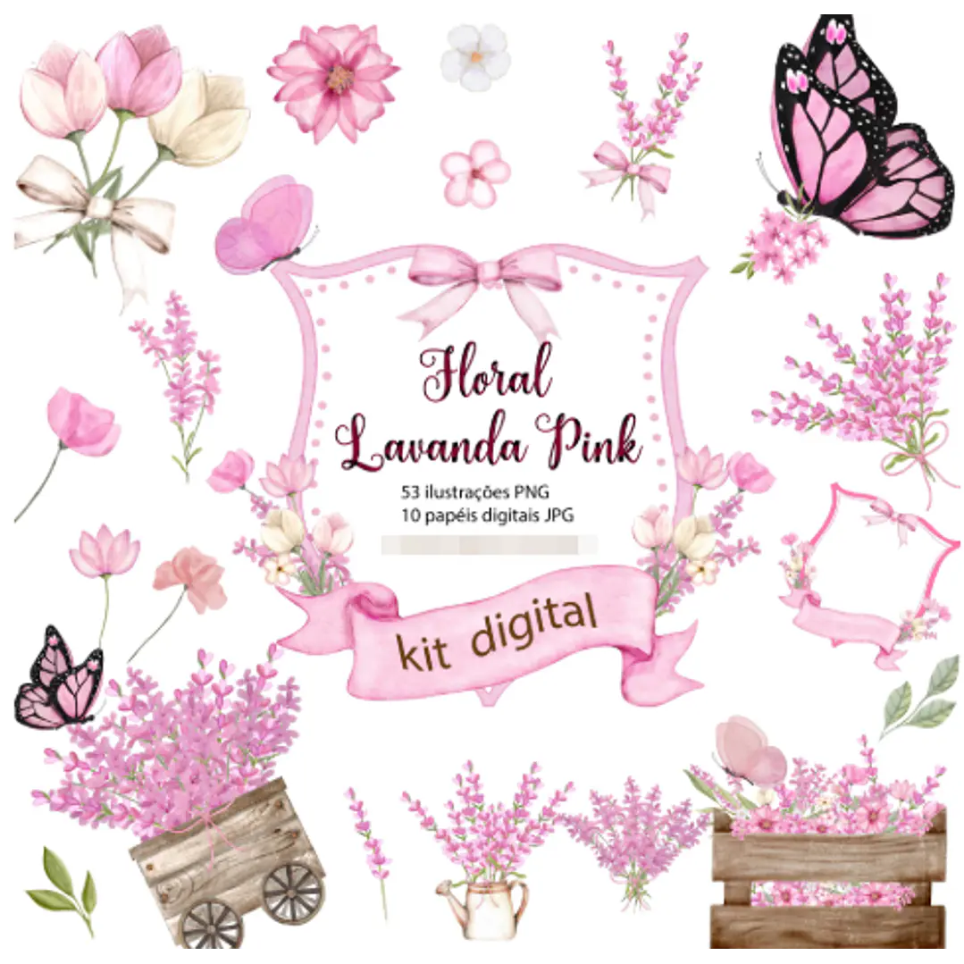 Kit Digital Floral Lavanda Pink Aquarelado em Png 1