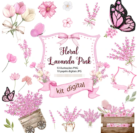 Kit Digital Floral Lavanda Pink Aquarelado em Png
