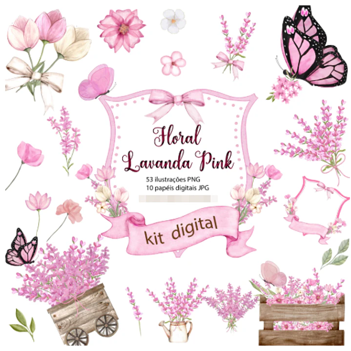 Kit Digital Floral Lavanda Pink Aquarelado em Png 1