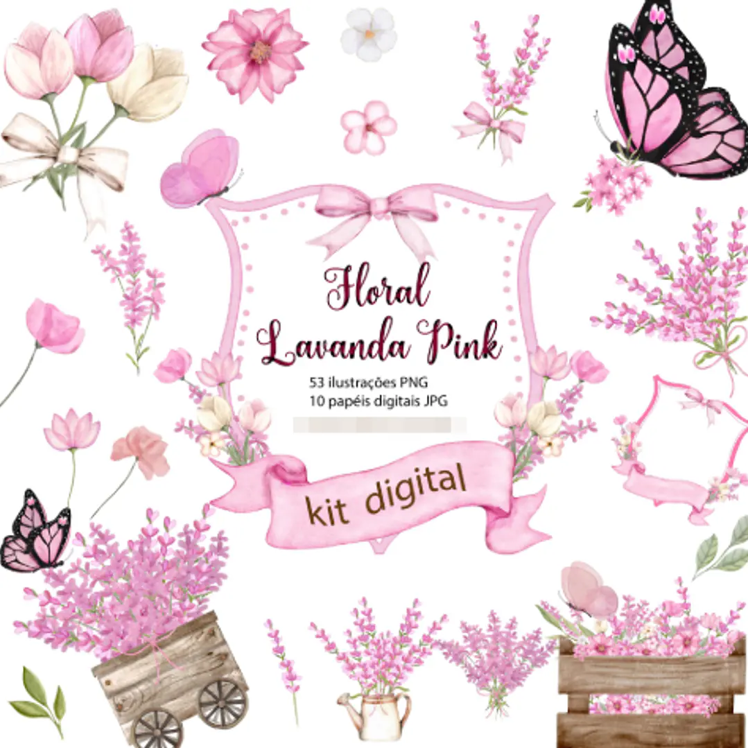 Kit Digital Floral Lavanda Pink Aquarelado em Png 1