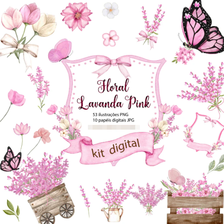 Kit Digital Floral Lavanda Pink Aquarelado em Png 1