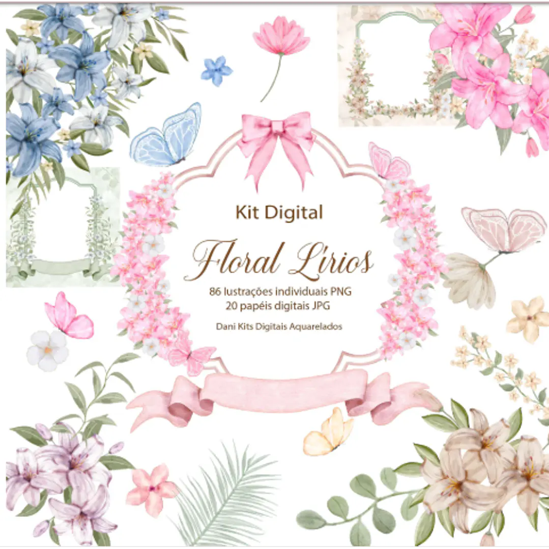 Kit Digital Floral Lirios Aquarelado em Png 1