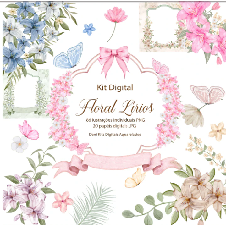 Kit Digital Floral Lirios Aquarelado em Png 1