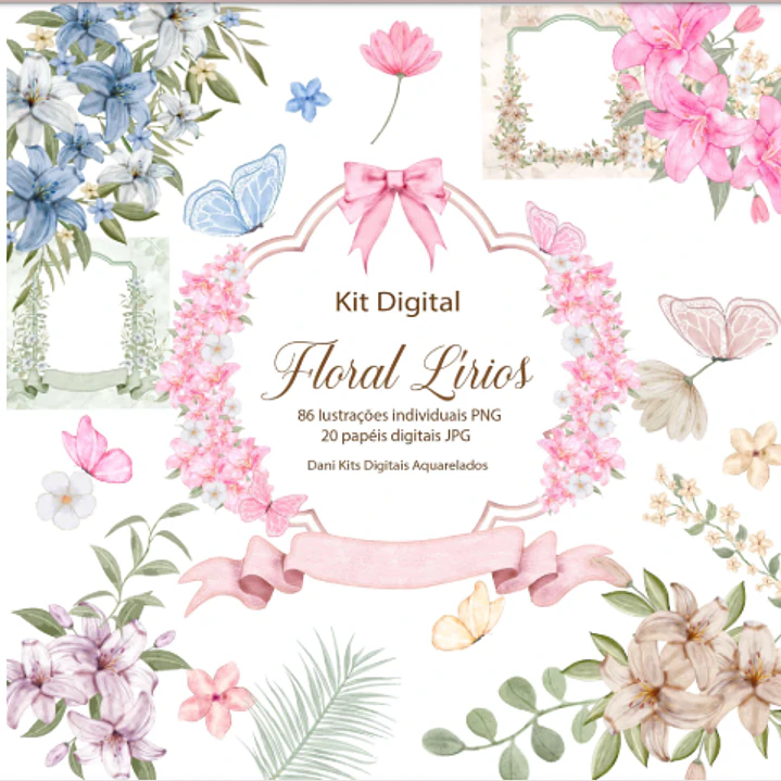 Kit Digital Floral Lirios Aquarelado em Png 1