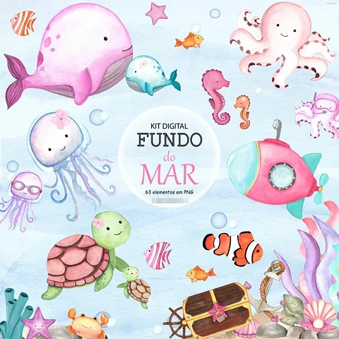 Kit Digital Fundo do Mar Menina Aquarelado em Png