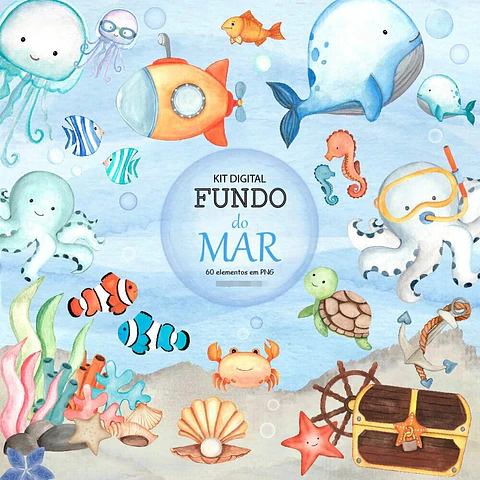 Kit Digital Fundo do Mar Menino Aquarelado em Png