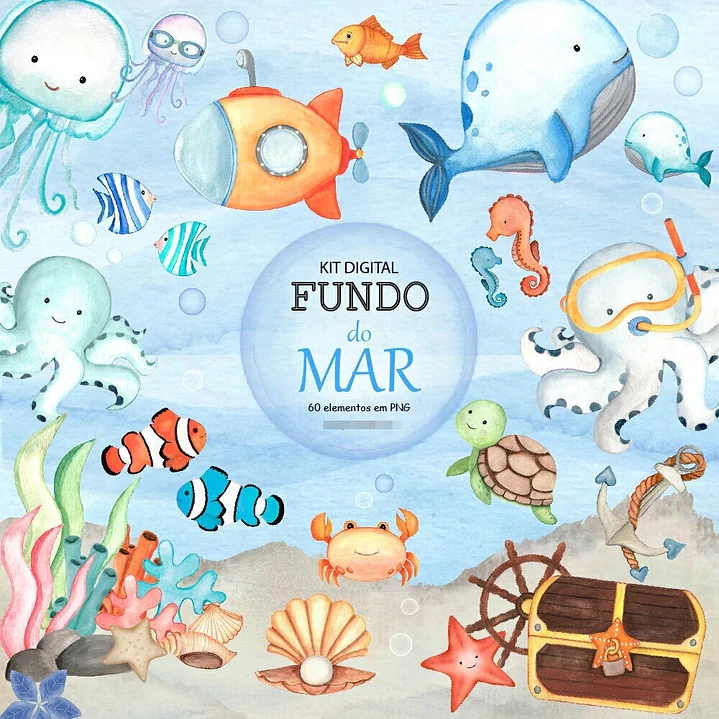 Kit Digital Fundo do Mar Menino Aquarelado em Png 1