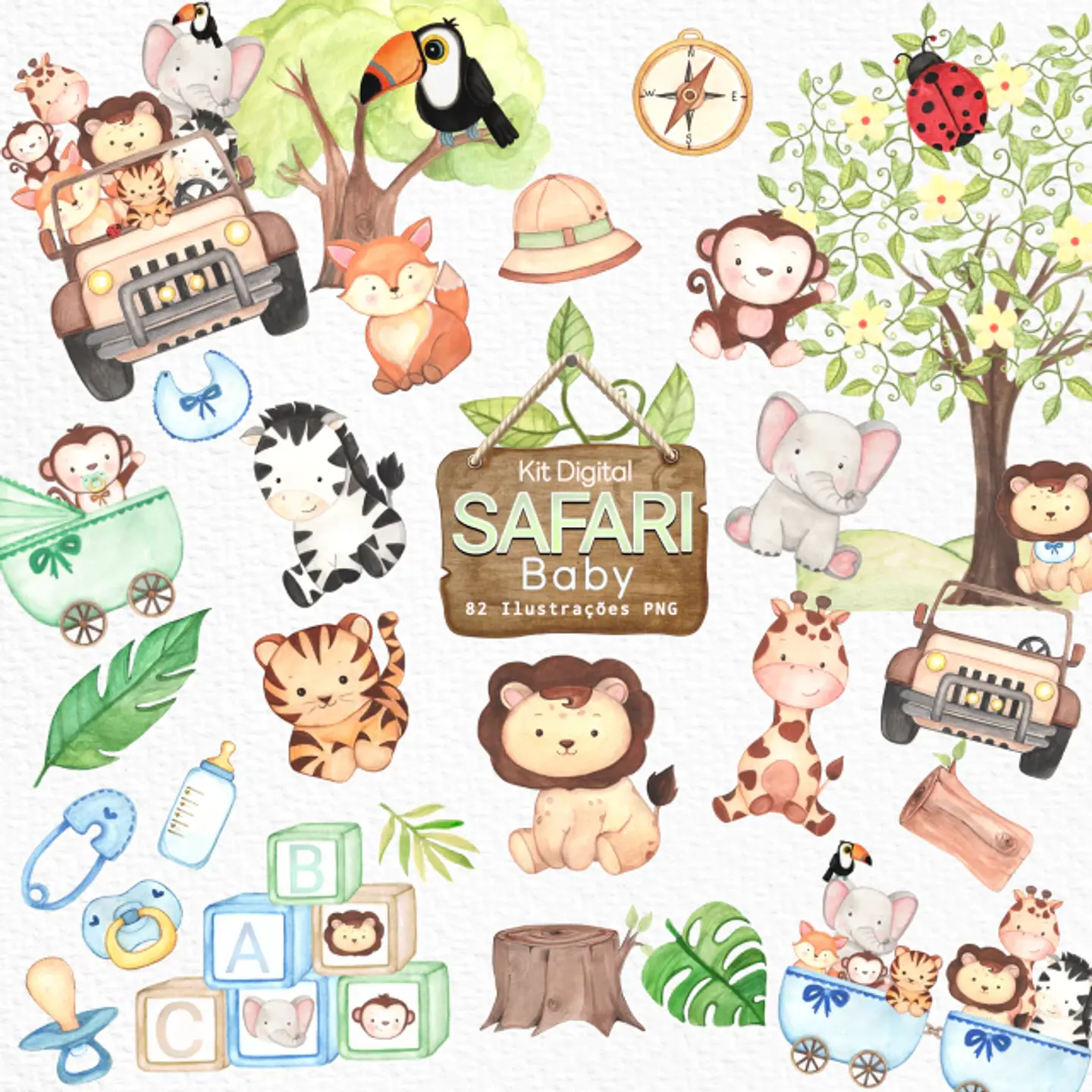 Kit Digital Safari Baby Menino Aquarelado em Png 1