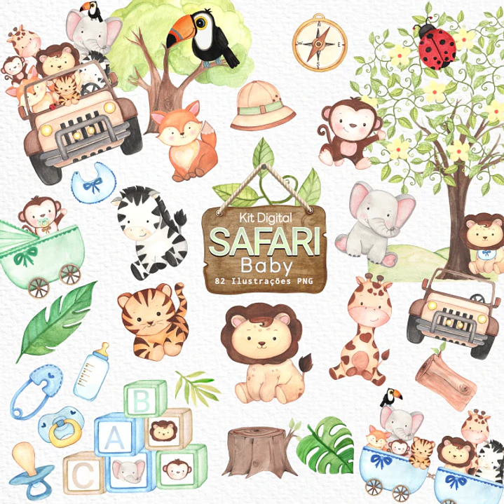Kit Digital Safari Baby Menino Aquarelado em Png 1