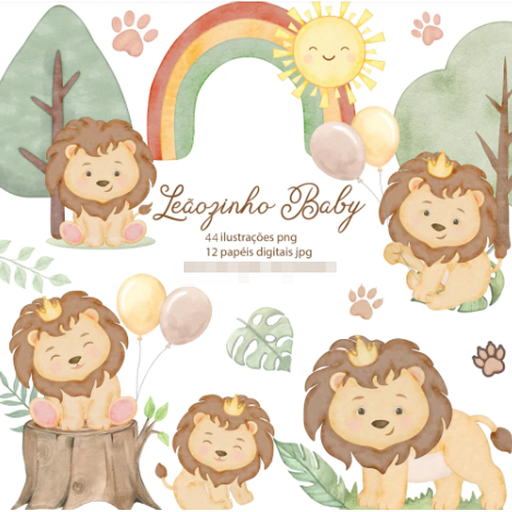 Kit Digital Leãozinho Baby Aquarelado em Png 1