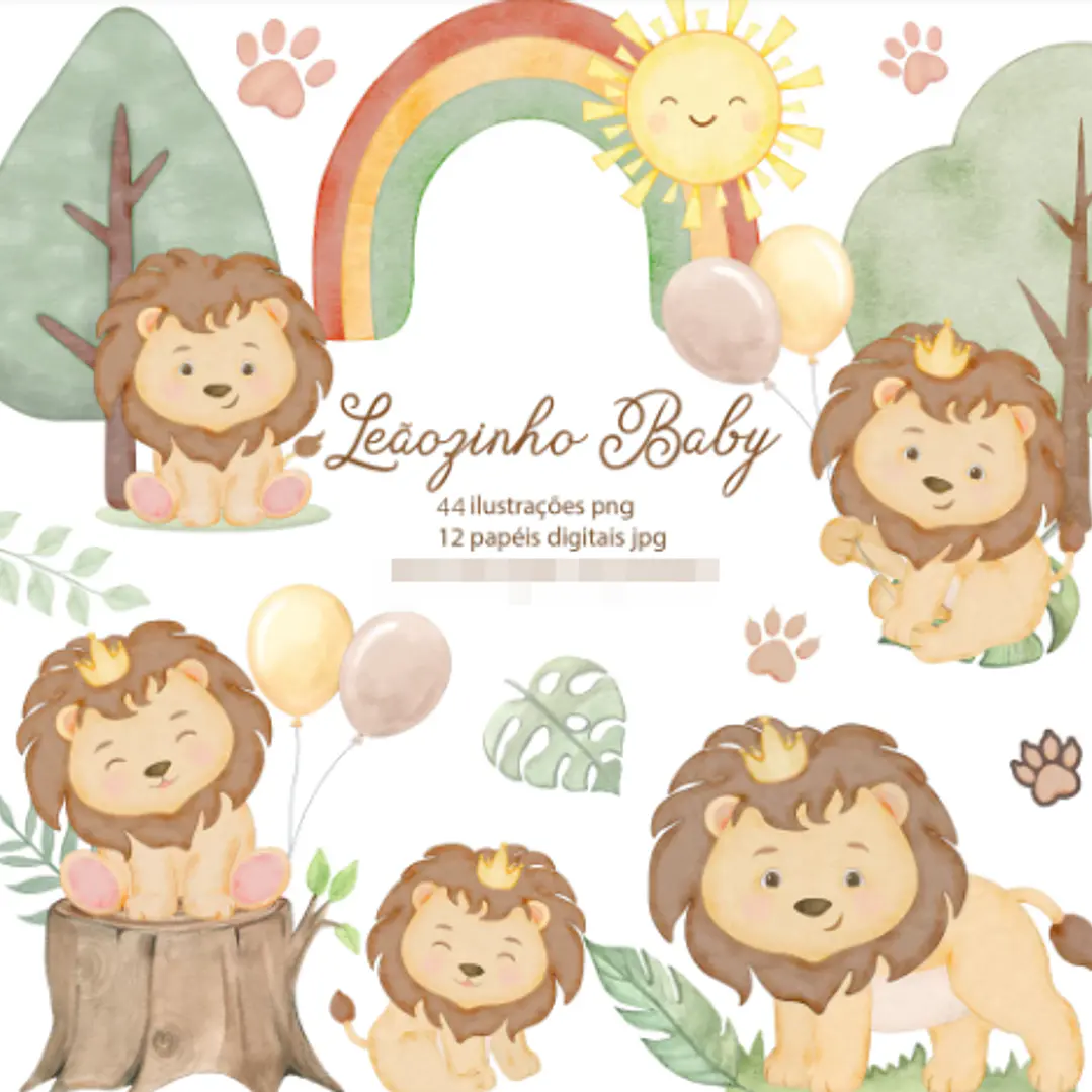 Kit Digital Leãozinho Baby Aquarelado em Png 1