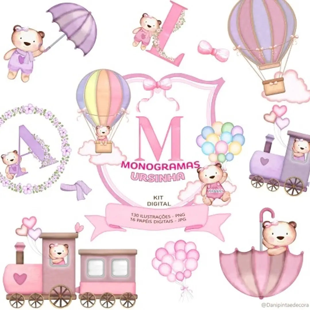 Kit Digital Monogramas Ursinha Aquarelado em Png  1
