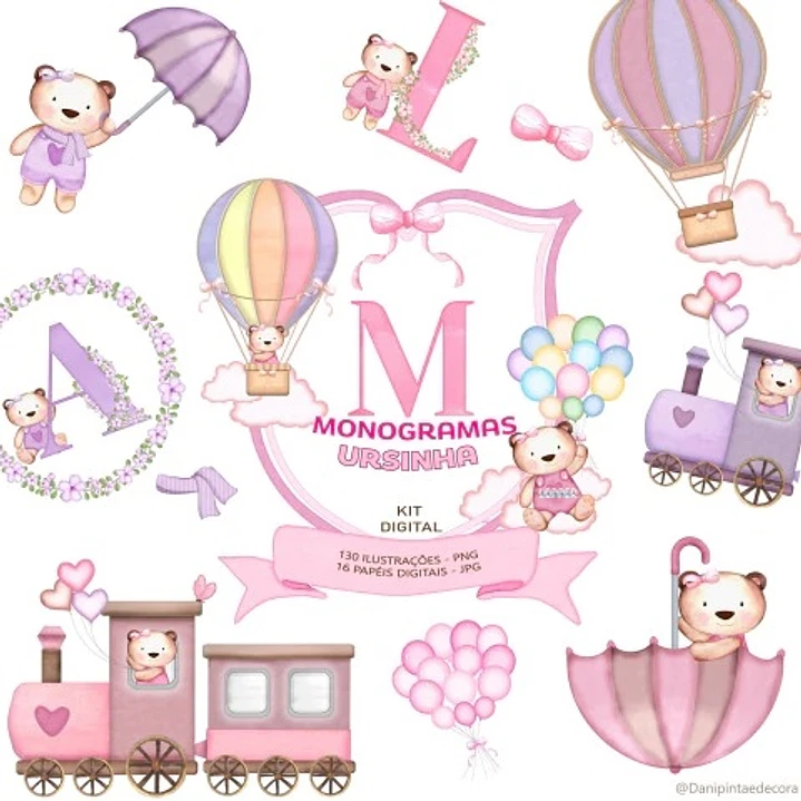 Kit Digital Monogramas Ursinha Aquarelado em Png  1