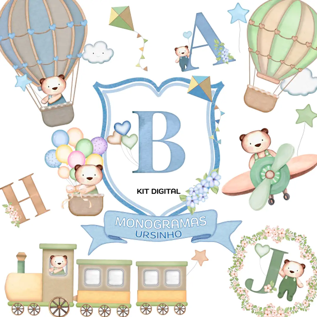 Kit Digital Monogramas Ursinho Aquarelado em Png 1