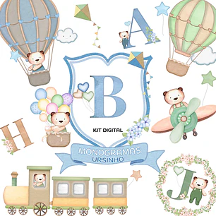 Kit Digital Monogramas Ursinho Aquarelado em Png
