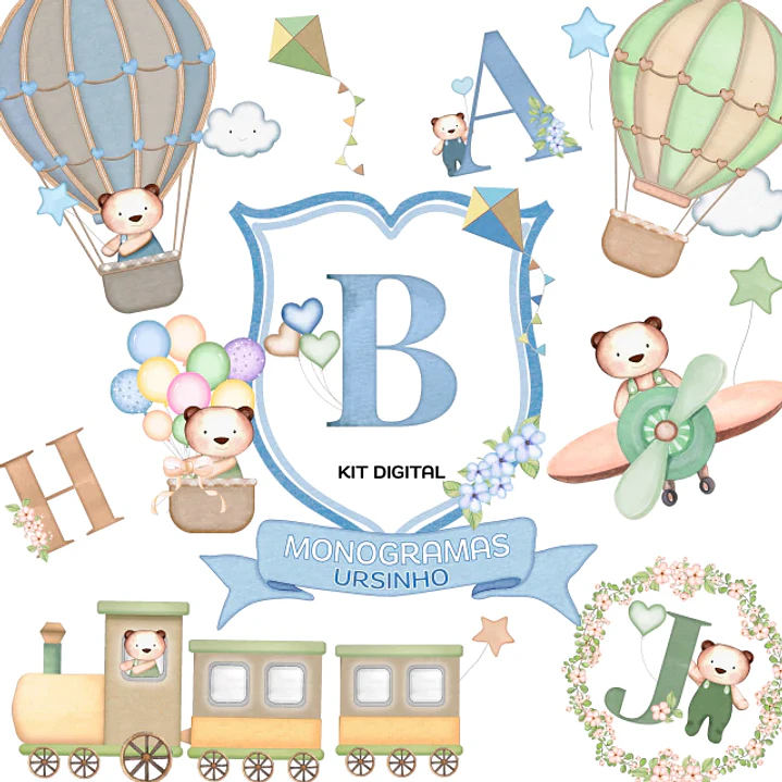 Kit Digital Monogramas Ursinho Aquarelado em Png 1