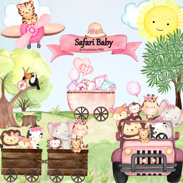 Kit Digital Safari Baby Menina Aquarelado em Png 1