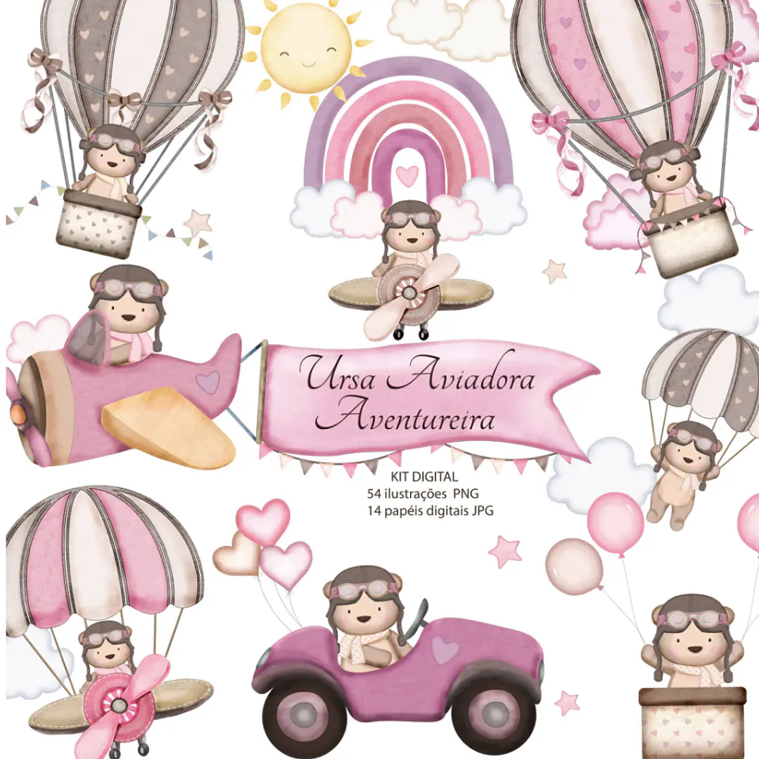 Kit Digital Ursinha Aviadora Aventureira Aquarelado em Png 1