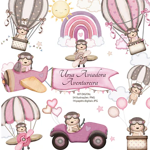 Kit Digital Ursinha Aviadora Aventureira Aquarelado em Png