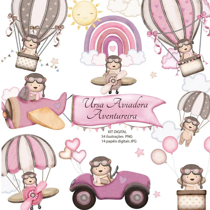 Kit Digital Ursinha Aviadora Aventureira Aquarelado em Png 1