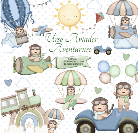 Kit Digital Ursinho Aviador Aventureiro Aquarelado em Png