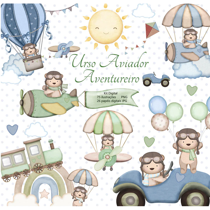 Kit Digital Ursinho Aviador Aventureiro Aquarelado em Png 1