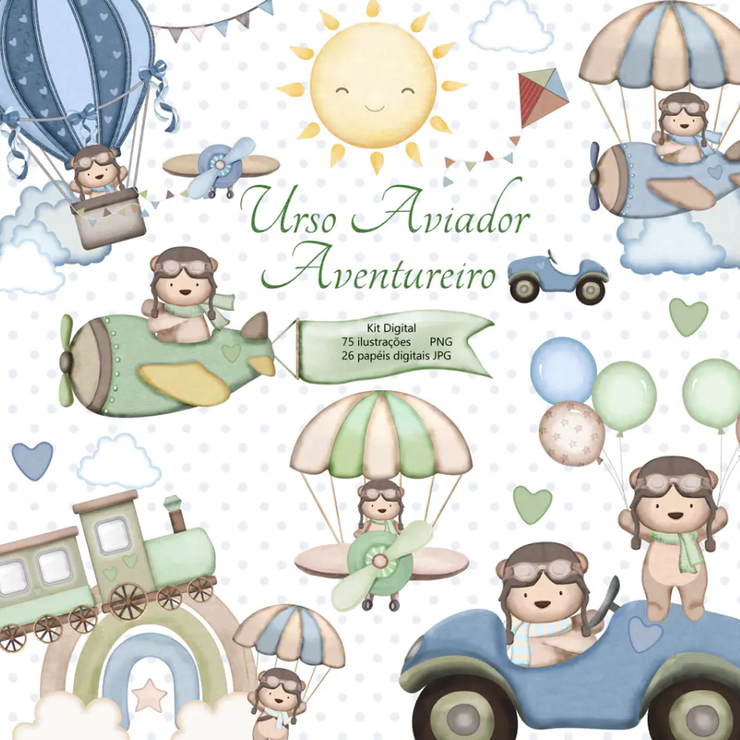 Kit Digital Ursinho Aviador Aventureiro Aquarelado em Png 1