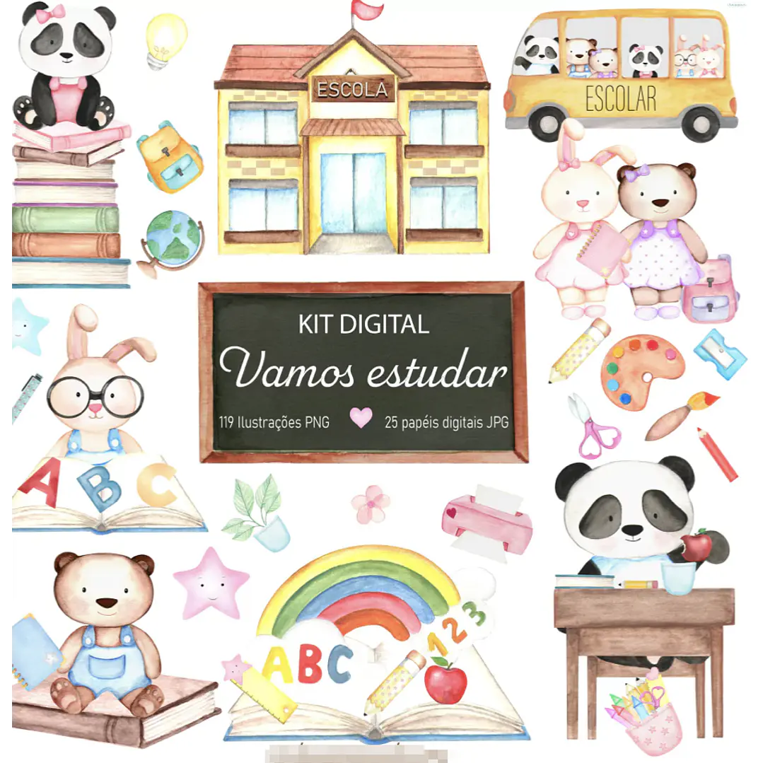 Kit Digital Vamos Estudar Aquarelado em Png  1