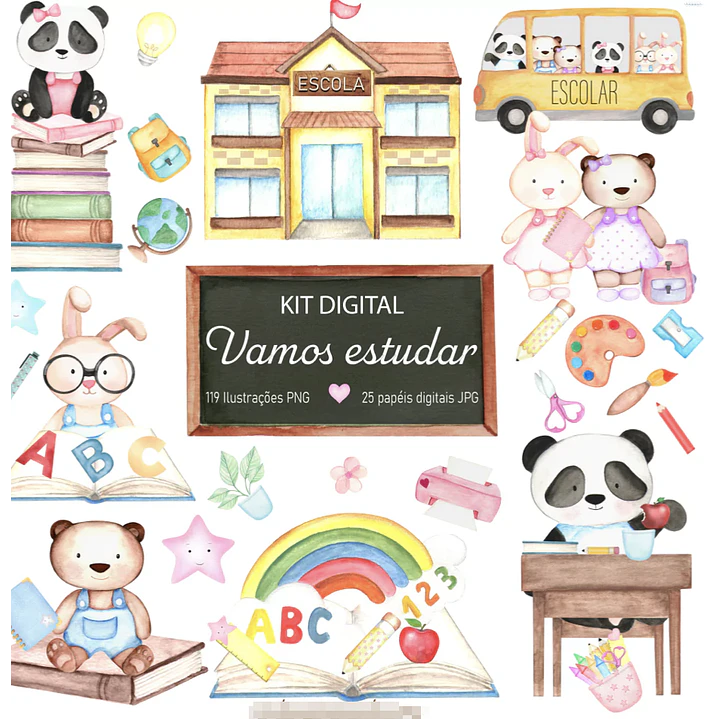 Kit Digital Vamos Estudar Aquarelado em Png  1