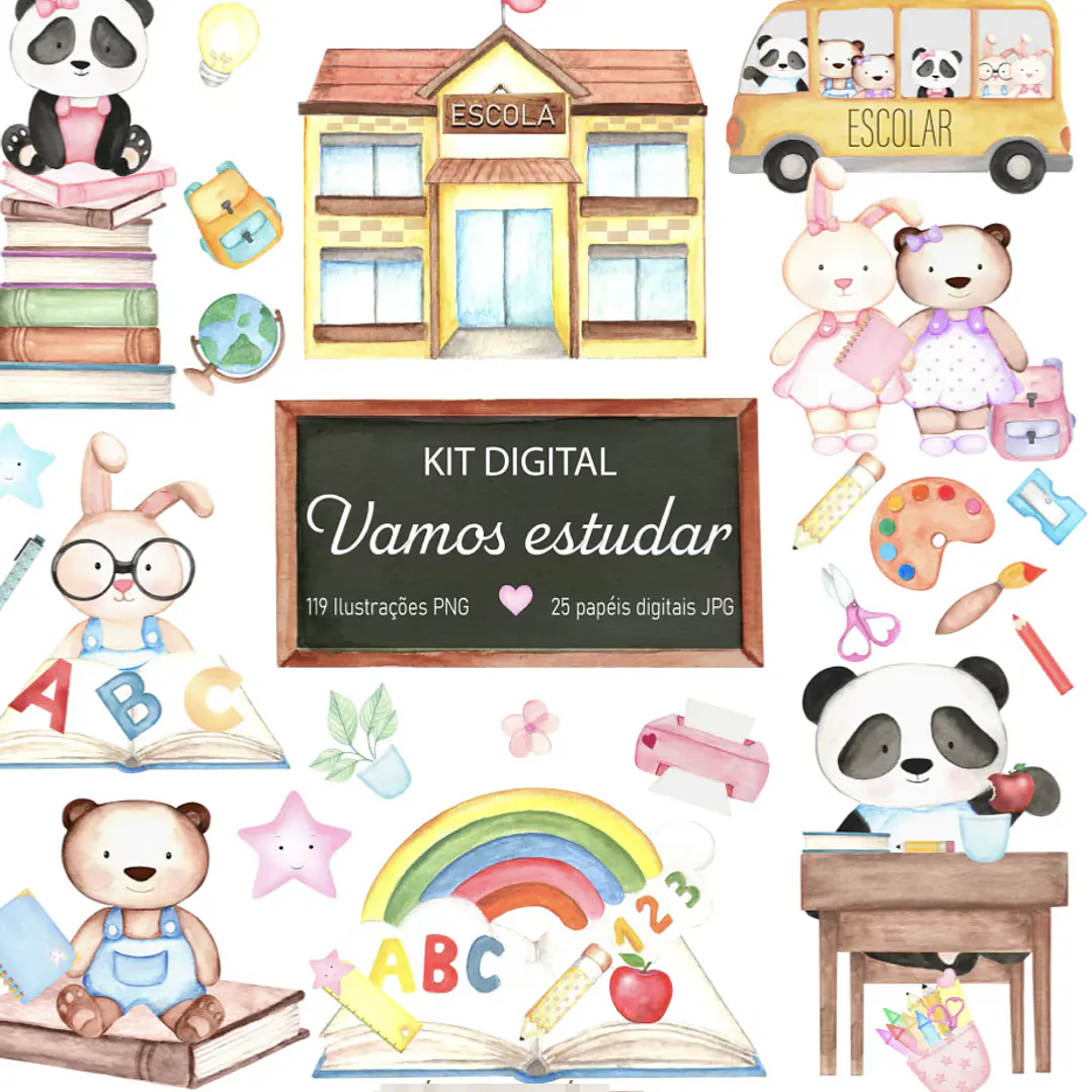 Kit Digital Vamos Estudar Aquarelado em Png  1