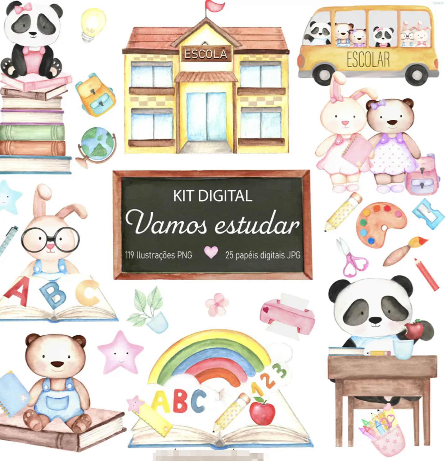 Kit Digital Vamos Estudar Aquarelado em Png  1