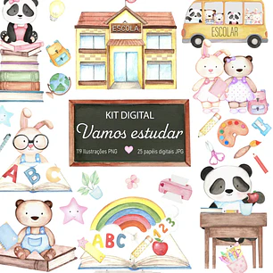 Kit Digital Vamos Estudar Aquarelado em Png 